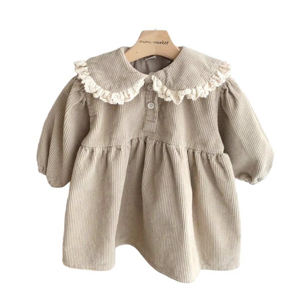 Beige Corduroy Baby Dress with Lace Collar